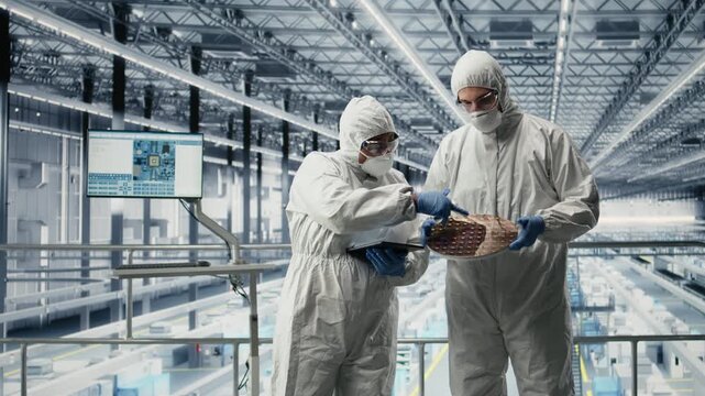 Technicians upgrade silicon wafer prototype, analyzing microelectronics parts. Teamworking specialists brainstorm semiconductor substrate hardware improvements in industry 4.0 plant, camera A closeup