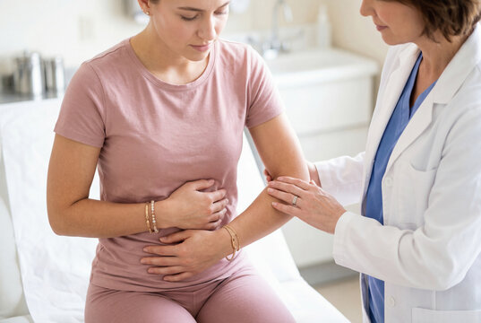 Doctor examining a young woman with stomach pain in medical office