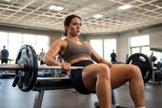 Determined athletic woman doing a barbell hip thrust exercise for glutes in a fitness gym
