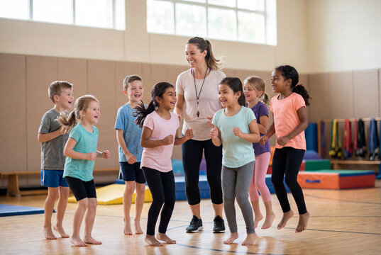 Diverse group of children in physical education class with a teacher in a school gymnasium
