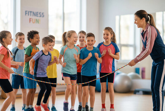 Diverse group of happy school children playing with a jump rope in a gym class