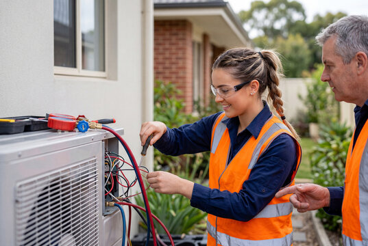 Female HVAC apprentice in safety vest fixing air conditioning unit with mentor