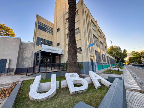 UBA monumental letters in front of the Drago campus in Buenos Aires
