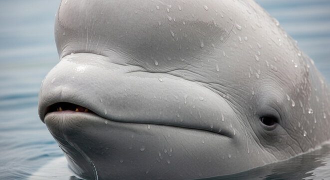 Closeup of smiling dolphin face in water.