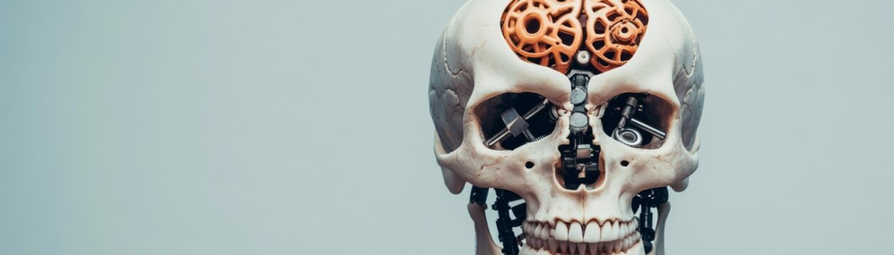 Close-up frontal view of a human skull revealing an intricate mechanical brain with gears and exposed robotic elements, symbolizing the fusion of biology and AI. ,Cyborg, Transhumanism