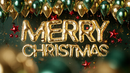 Merry Christmas Gold Balloon Letters With Festive Green And Red Party Decorations And Confetti © S.Gvozd