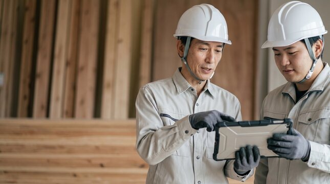 日本人の建設業シニア男性と若手男性が、現場作業中にDX化されたタブレット端末を指差して育成・指導をする様子。木材が積まれた屋内の建築現場、グレーの作業服と白いヘルメットの二人。