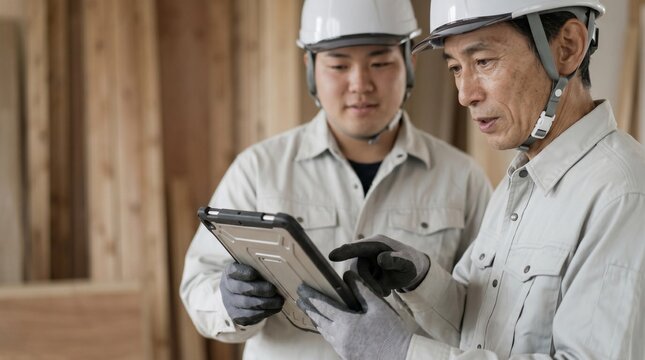 日本人の建設業に従事するシニア男性と若手男性が、現場作業でDX化されたタブレットを囲み育成指導を受ける様子。至近距離で図面を確認する建築関係者、作業服とヘルメットを着用した二人。