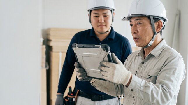 日本人の建設業シニア男性が、若手男性に現場作業でDX化されたタブレットを見せながら育成・説明をする様子。白い壁の屋内で図面を確認する作業員、ヘルメットと作業服、ポロシャツの人物。