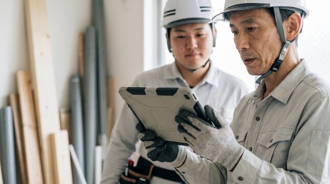 日本人の建設業に従事するシニア男性と若手男性が、現場作業でDX化されたタブレットを手に取り育成・相談をする様子。資材が置かれた屋内の建築現場、作業服とヘルメットを着用した人物。