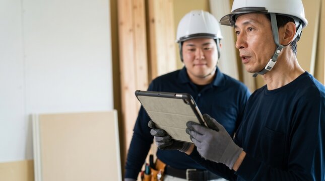 日本人の建設業シニア男性が、現場作業でDX化されたタブレット端末を使い若手男性に育成指導を行う様子。屋内の建築現場で打ち合わせをするネイビーの作業服を着た二人、ヘルメット着用の人物。