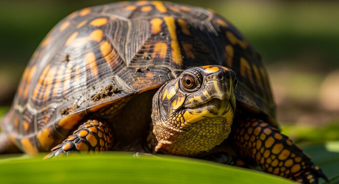 Colorful turtle on green leaf surface.