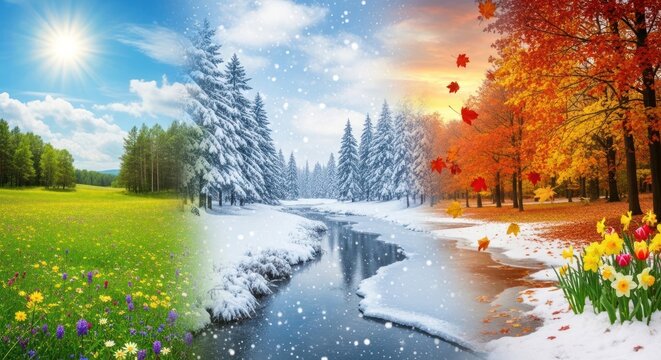 Panoramic view of changing seasons in a single landscape