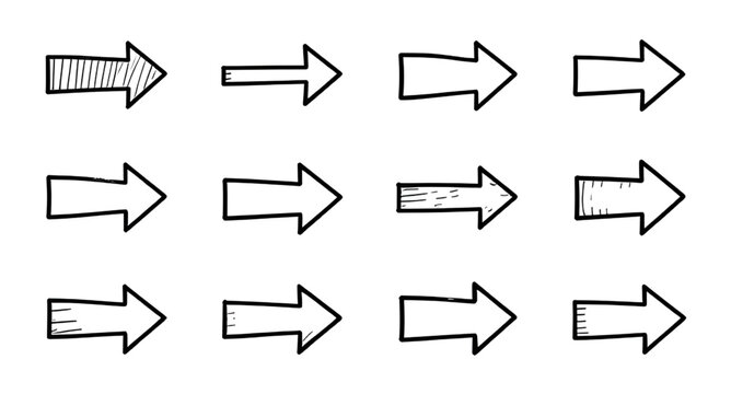 hand drawn arrow icons, doodle arrow collection, sketch pointer symbols, scribble direction signs, playful arrow set, black ink arrows, decorative pointer graphics, casual sketch arrows, notebook styl