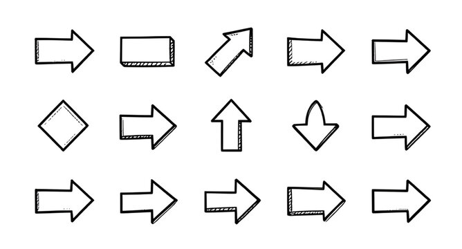 hand drawn arrow icons, doodle arrow collection, sketch pointer symbols, scribble direction signs, playful arrow set, black ink arrows, decorative pointer graphics, casual sketch arrows, notebook styl