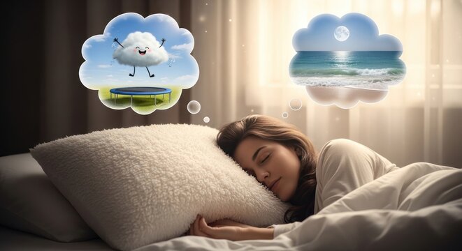 Peaceful woman sleeping with thought bubbles visualizing vivid dreams