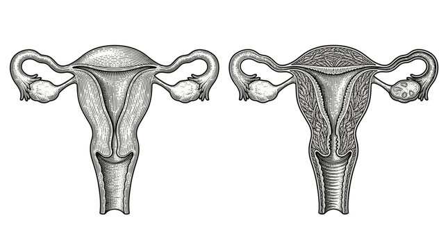 Comparison of a healthy uterus and fallopian tubes with a uterus affected by endometriosis, showing thickened uterine lining and adhesions.