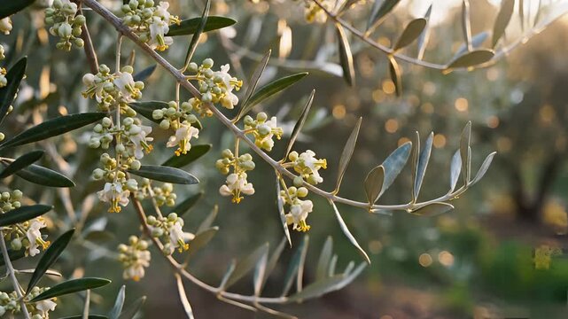 Close up of olive tree blossoms in soft sunlight.
