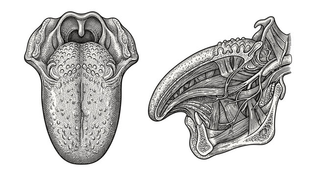 Anatomical illustration showing the dorsal view of a human tongue and a sagittal view of the oral cavity and pharynx.