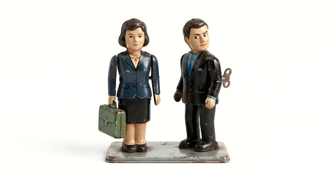 疑念や不信感を抱く男女のブリキ人形。人間関係の亀裂や監視社会のイメージ
