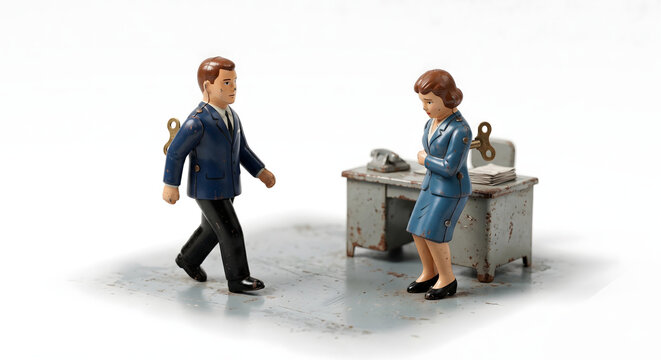 怯える女性に歩み寄る男性。職場のハラスメントや逃げ場のない恐怖のメタファー
