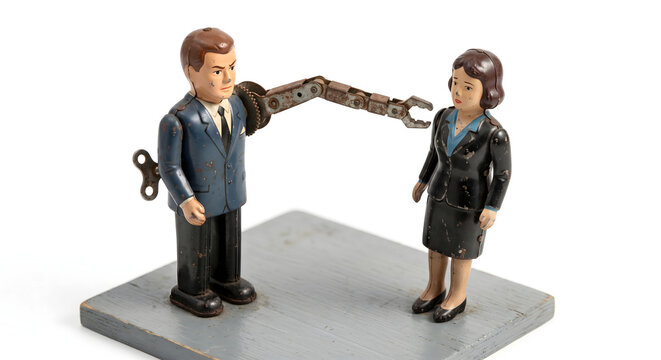 機械的な腕で一方的に接触する上司。セクハラや職権乱用を象徴するブリキの人形
