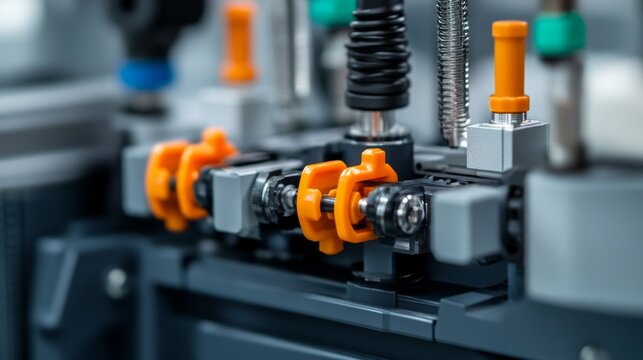 Close-up on modern industrial automation showcasing bright orange modular components, metallic shafts and grey precision parts. Concept advanced manufacturing and robotics technology.