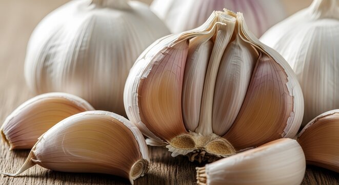 Fresh organic garlic bulbs and cloves, a pungent and aromatic staple ingredient essential for healthy cooking and enhancing countless culinary dishes