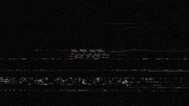 ⁠4K video Stop VHS effect with distorted signal, glitch artifacts and analog scanlines on black background.