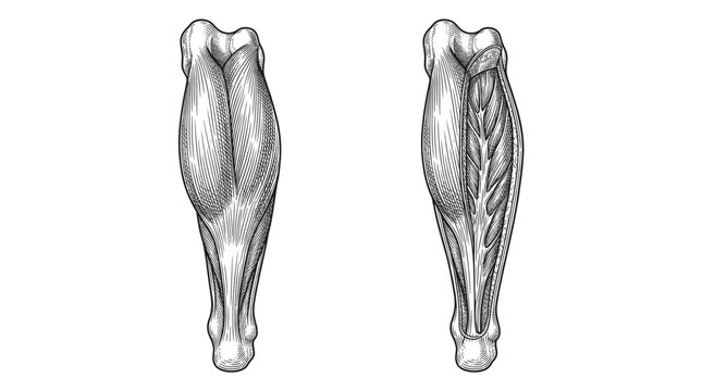 Anatomical illustration of the human calf muscles, showing both the superficial and deeper muscle structures.
