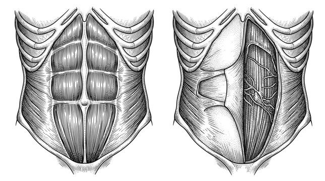 Anatomical illustration showcasing the musculature of the human abdomen, with the left side displaying the rectus abdominis and the right side revealing deeper abdominal muscles and vasculature.
