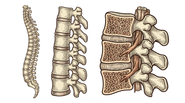 Anatomical illustration showcasing the intricate structure of the human vertebral column from different perspectives, highlighting vertebrae, intervertebral discs, and spinal nerves.