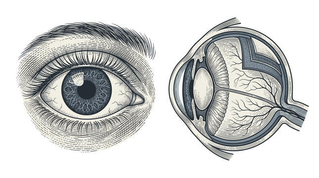Anatomical illustration of the human eye, showing external view and a detailed cross-section of its internal structures.