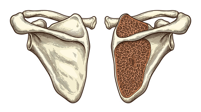 Anatomical illustration showcasing the anterior and posterior views of the human scapula, highlighting its bony structure and surface features.