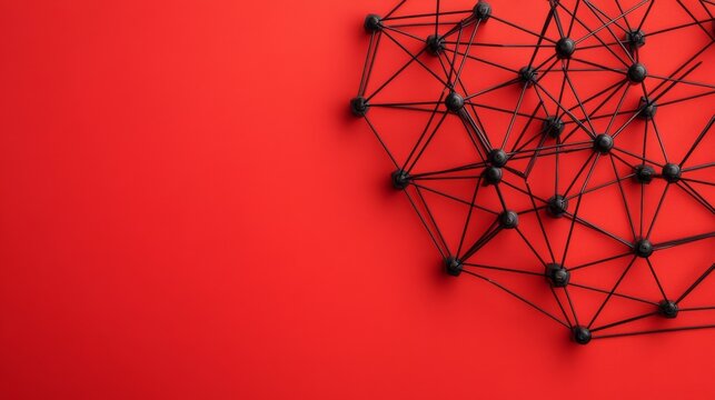 Flat lay Black network of nodes and lines on bright red. Visualizing complex digital connections, data and abstract strategy with ample left text space., technology, communication