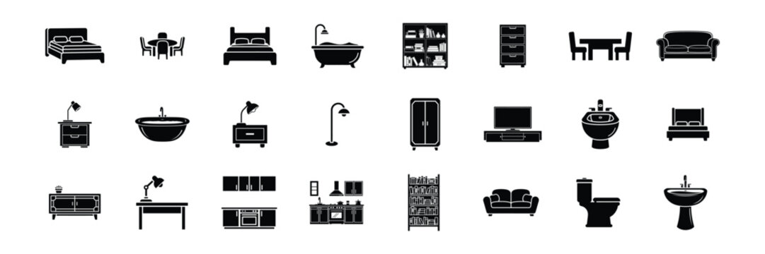 Furniture and home interior icons collection vector illustration featuring beds sofas tables chairs bathroom fixtures kitchen cabinets and lighting fixtures for architectural floor planning.