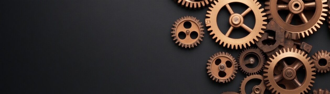 Golden and bronze gears of varying sizes clustered on the right of a dark, textured background, creating an industrial, steampunk-inspired system. Emphasizes connection and mechanics,