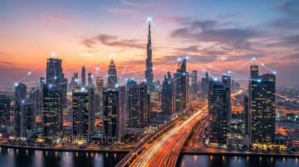Obraz premium Smart City Skyline with Digital Network Connections at Sunset, Futuristic Urban Technology and Global Connectivity Concept