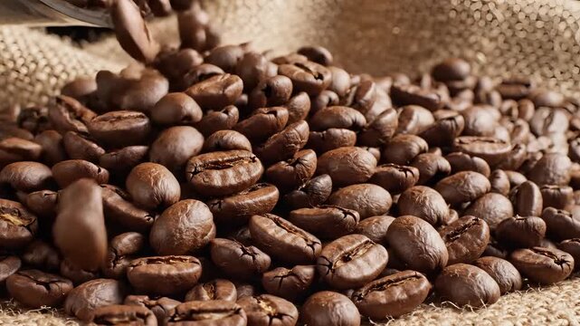 Closeup of Roasted Coffee Beans Poured onto Burlap.