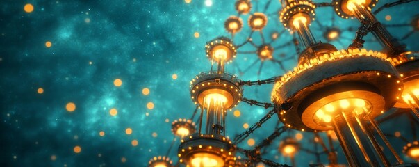 Fototapeta premium Low-angle, dynamic shot of a glowing futuristic energy network interconnected metallic towers against a deep teal cosmic sky with bokeh. Abstract sci-fi power grid concept. Technology,