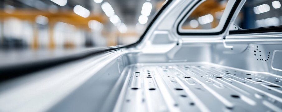 Low-angle close-up of a bare metal automotive chassis interior, highlighting manufacturing precision and the foundation of future vehicles in a blurred factory., Assembly, Industrial