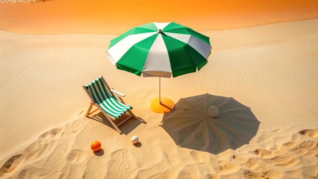 Beach scene with a green and white umbrella, chair, and balls on sand
