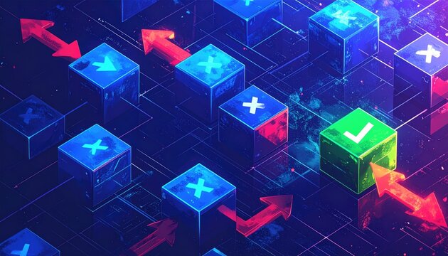 Abstract digital network red arrows and checkmark on blue cubes