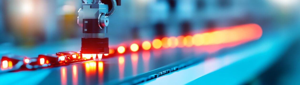 Precision robotic arm performing optical inspection on red-glowing components along an automated assembly line under vibrant blue light. Automation, Manufacturing