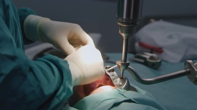 Surgeon performing total hip replacement surgery in operating room