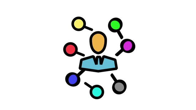 Professional businessman character with multiple colorful connection nodes representing networking, multitasking, social media management, and global communication in business.