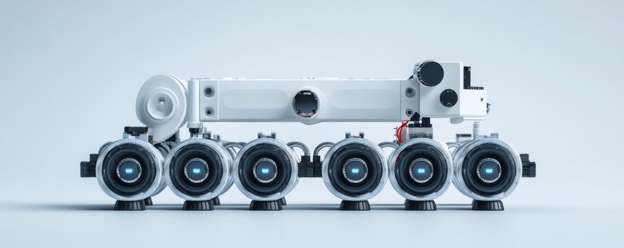 Side-view of a sleek, white modular robot with six glowing blue sensor units on a light background, embodying advanced AI and future tech design. Robotics, Automation