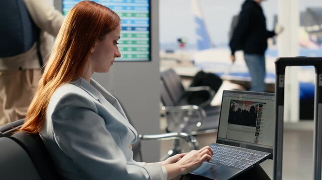 Woman traveler viewing online videos on streaming platform in the airport, with boarding pass and luggage nearby. Modern lifestyle habits and everyday experience of fun social media content.