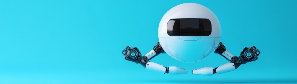 Sleek white egg-pod AI robot with intricate, glowing blue arms, floating centered on a vibrant minimalist blue background. Future tech design., Robotics, Innovation