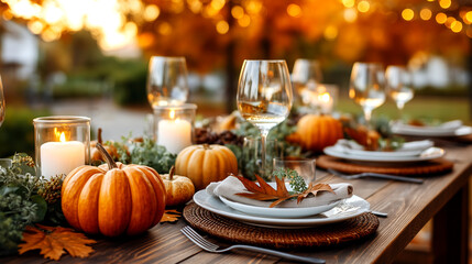 Fototapeta premium Autumnal Harvest Table Setting with Pumpkins and Candles